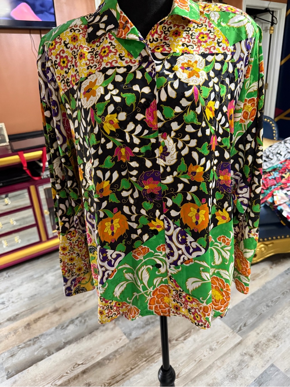 Vintage 90’s Howard Wolf Vibrant Floral Button-Up Blouse in Black, Green Orange